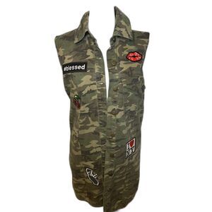 Nina Parker Trendy Patched Camo Utility Denim Duster Jacket Vest Womens